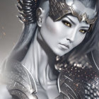 Female warrior with intricate metallic armor and horned helmet in close-up portrait.