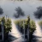 Misty vineyard with grapevines, wooden stakes, subdued colors, eerie tree silhouette