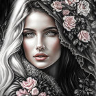 Monochrome portrait of a woman with captivating eyes, pink roses, and a delicate veil