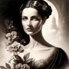 Monochrome image: Woman with flowers, serene expression, vintage aesthetic