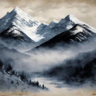 Majestic snow-covered mountain peaks above misty valley with river and sparse trees.