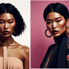 Sleek Black Hair Woman Portraits in Elegant Attire