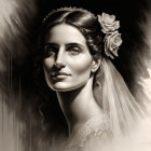 Monochromatic portrait of woman with tiara and floral accessory.