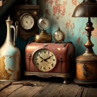 Collection of vintage clocks, lamp, and jug on wooden table with rustic backdrop