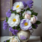 White and Purple Flower Bouquet in Decorative Vase on Wooden Table