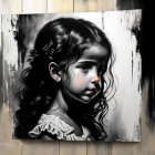 Monochrome painting of a sad young girl with subtle color highlights