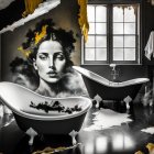 Grayscale surrealistic room with peeling walls, portrait, bathtub, ghost figure, and window.