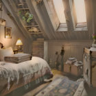 Rustic attic bedroom with sloped ceiling, worn bedding, antique lamp, wooden furniture