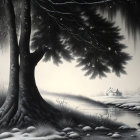 Serene landscape: tree, house near water, foggy background