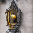 Vintage ornate mirror with gold and gray frame reflecting lamp and dried flowers on textured wall