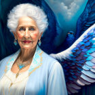 Elderly woman in blue shawl with majestic bird artwork.