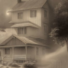 Sepia-Toned Image of Mysterious Two-Story House in Fog