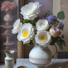 White and Pale Pink Flowers in Distressed Vase Still Life Display