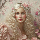 Blonde woman with roses in a romantic floral setting