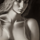 Monochromatic portrait of a woman with long hair and serene expression