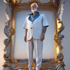 Elderly man in baroque golden frame against sky background
