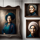 Two Framed Portraits of Older Woman in Blue Outfit and Hat