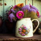 Vintage White Enamel Jug with Colorful Floral Bouquet on Wood Surface