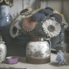 Vintage Still Life: Sunflowers in Decorative Vase on Rustic Wooden Shelf