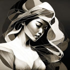 Monochromatic stylized woman with flowing hair and abstract lines