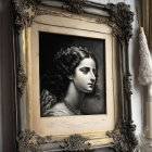 Portrait of a woman with tiara in golden frame on wall with candle sconce