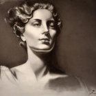 Monochrome classical portrait of a woman with curly hair and intricate facial details