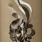 Dark-skinned woman with white plantlike hair in artistic illustration.