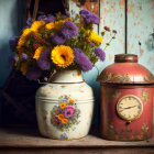 Rustic still life with purple and yellow flowers in white vase and red clock