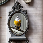 Yellow and Gray Bird on Vintage Mirror with Wooden Backdrop