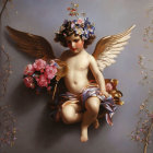 Golden-winged cherub in floral headpiece and silk robe among delicate blossoms