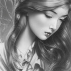 Monochrome illustration of woman with long hair and delicate features