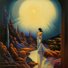 Woman in White Dress Amidst Orange Hills and Oversized Sun/Moon