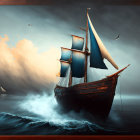 Ornate sailing ship painting on tumultuous sea