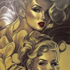 Stylized women with voluminous blonde hair and striking blue eyes in vintage aesthetic