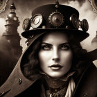Sepia-Toned Portrait of Woman in Steampunk Hat and Goggles
