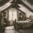 Cozy vintage attic bedroom with unmade bed and rustic decor