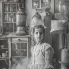 Young girl in vintage dress surrounded by antique objects and misty room