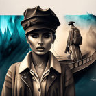 Stylized woman in cap and trench coat with viking ship and icy mountains.