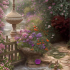 Tranquil garden with stone path, wooden bridge, fountain, and vibrant flowers