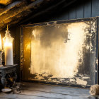 Vintage gold-framed mirror in rustic attic with lantern on table