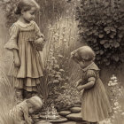Vintage Attired Girls Admiring Figurine in Flower Garden