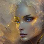 Digital artwork: Woman with blue eyes and translucent material in warm light