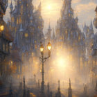 Fantasy cityscape at dusk with illuminated street lamps and towering buildings