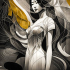 Monochromatic artwork of woman with abstract hair designs in grayscale and yellow