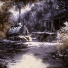 Vintage steam train in sepia-toned forest setting with rustic buildings