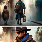 Stylized images of young boy in atmospheric street