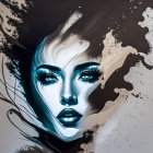 Abstract digital painting of a woman's face with bold eyes and lips in black and white splash effect.