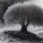 Solitary tree in snowy landscape with rocky backdrop