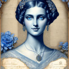 Blue-skinned woman in Victorian attire digital art portrait with vintage backdrop