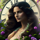 Woman with wavy hair, flowers, butterfly, and clock in nature scene